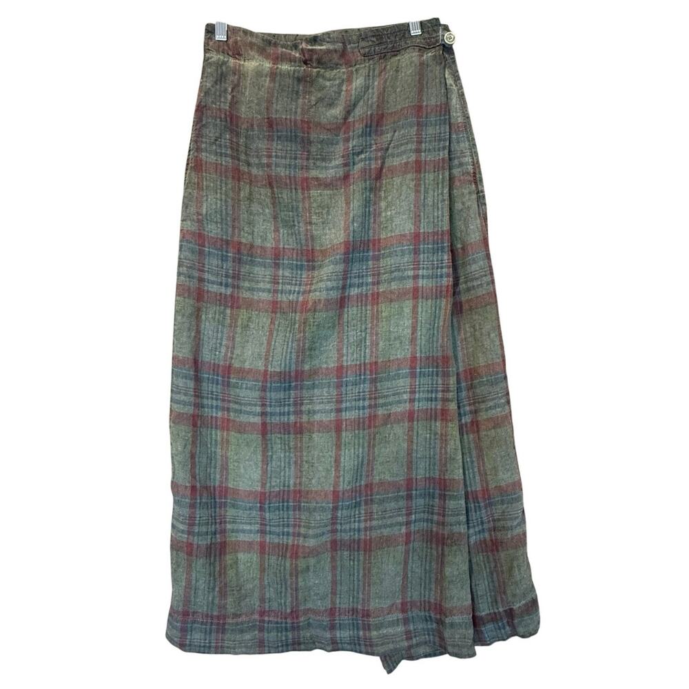 Massimo Alba Linen Midi Skirt Tartan Plaid Faux Wrap Front Pleat Green Blue Red